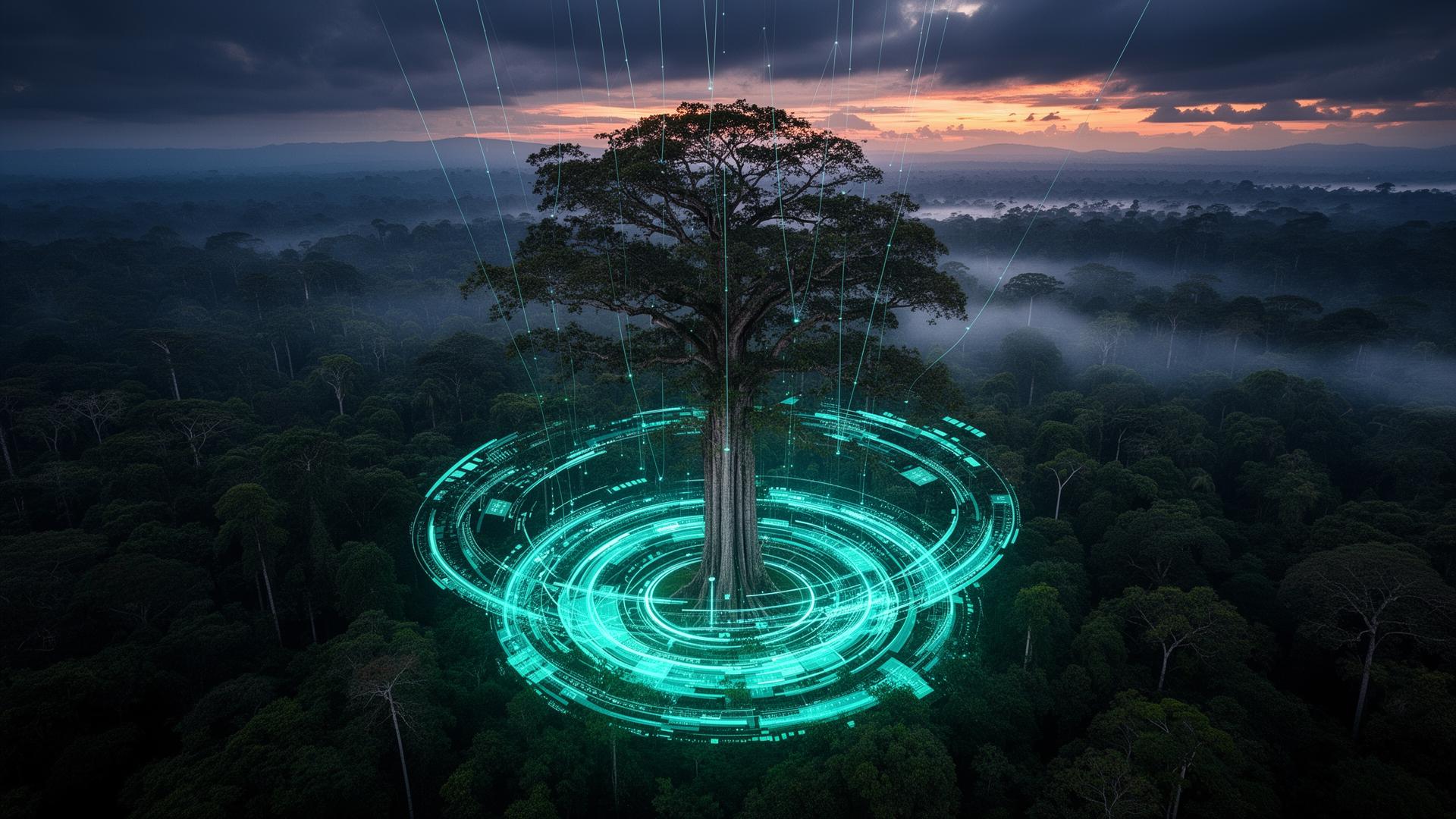 Ancient ceiba tree in the Amazon rainforest with holographic carbon monitoring rings and satellite tracking lines